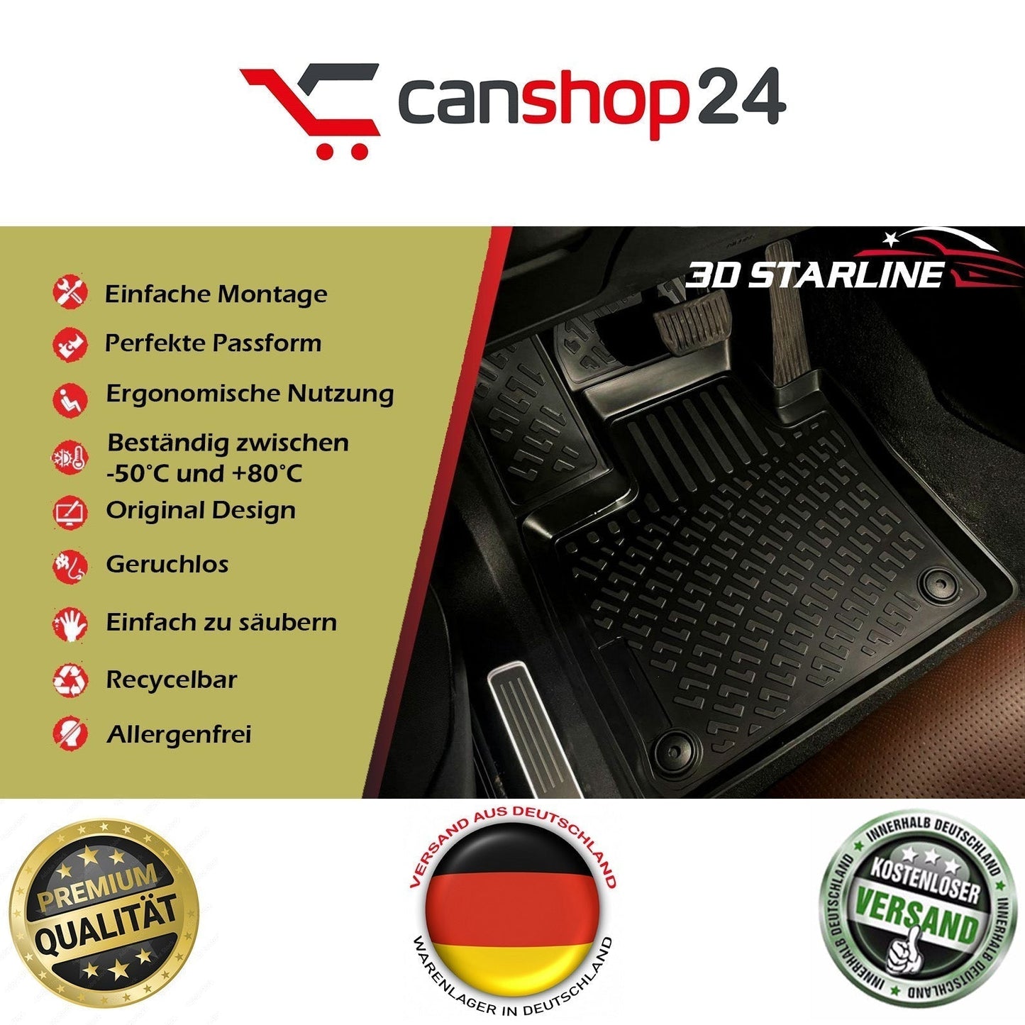 3D Starline AUDI A3 (8V), S3, RS3 2013-2020 Gummimatten Auto Fußmatten passgenaue extra hoher