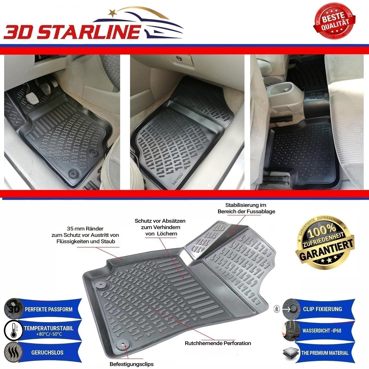 3D Starline Gummimatten Set für KIA SORENTO (2.Gen) 2010–2014 Auto Fußmatten passgenaue ekstra hoher