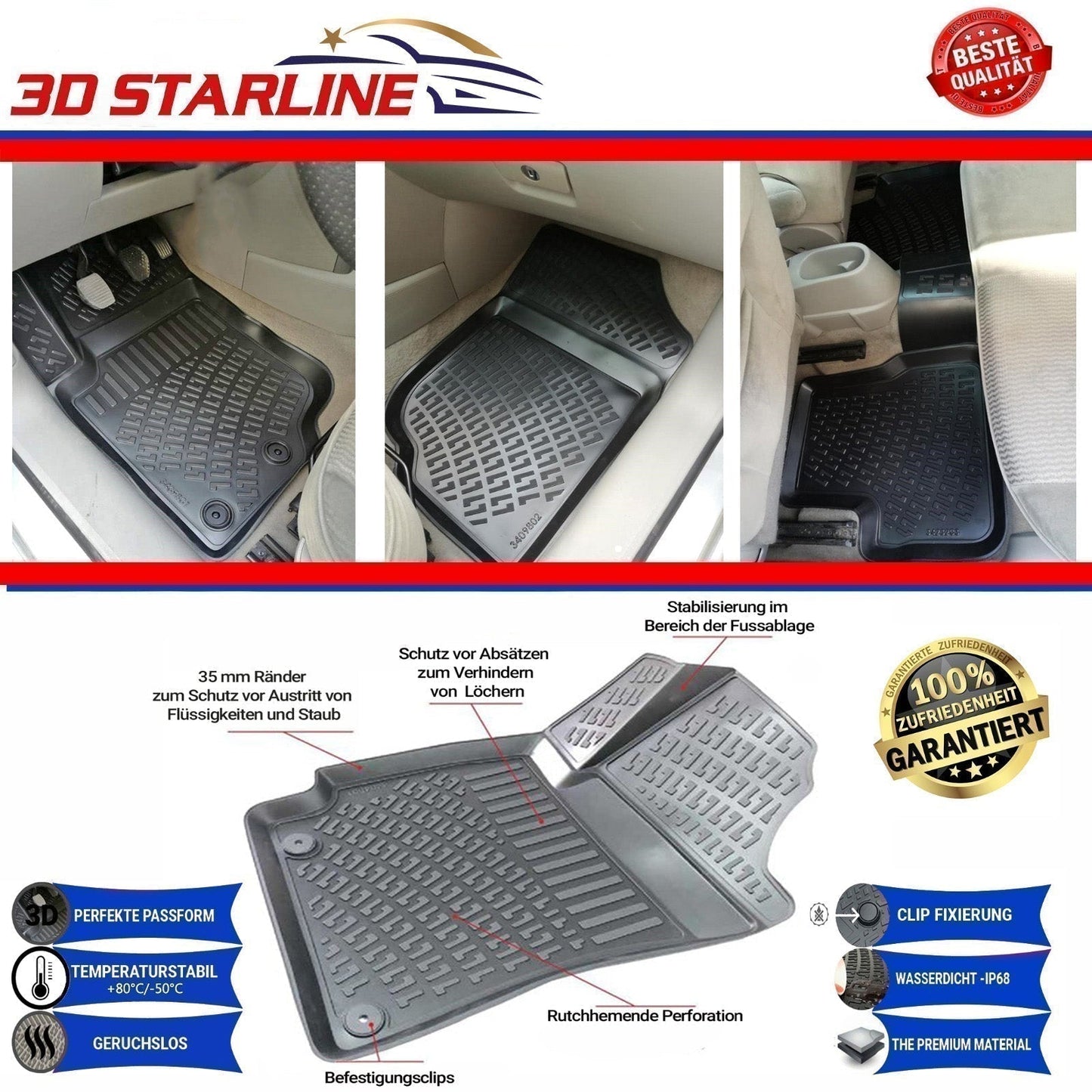 3D Starline Gummimatten Set für NISSAN X-TRAIL (3.Gen) ab 2014 Auto Fußmatten passgenaue ekstra hoher